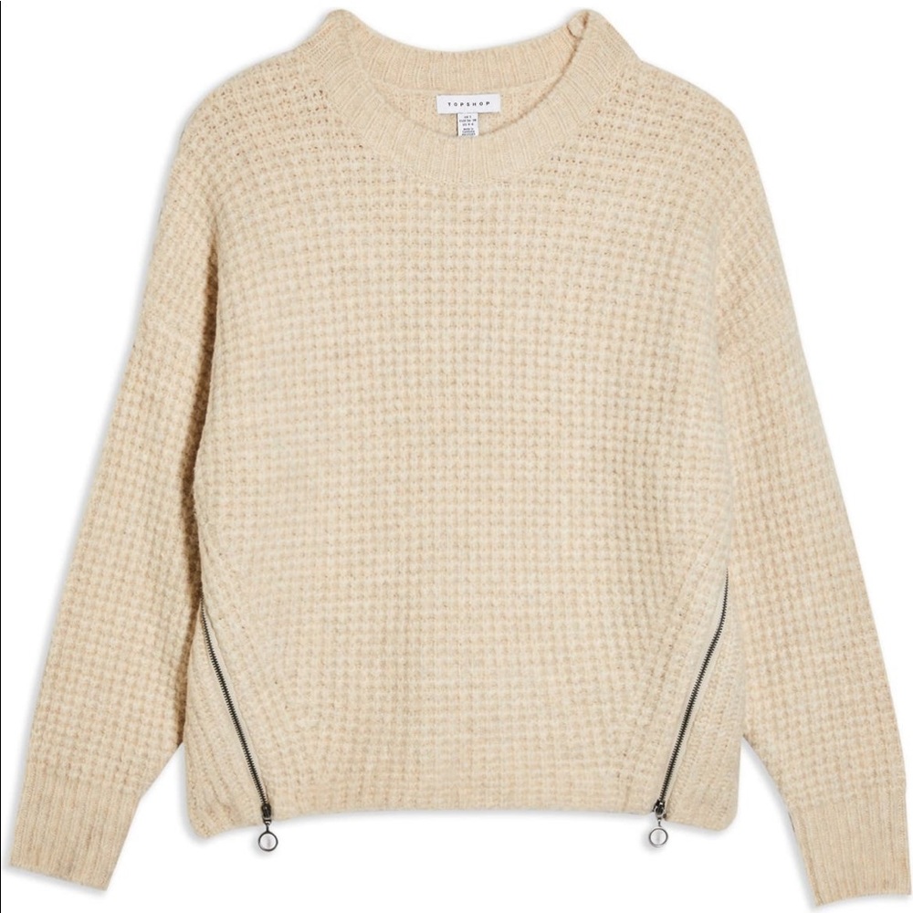 LAST CHANCE! NWOT Topshop Oatmeal Zip Detail Waffle Knit Sweater - M - Picture 3 of 4